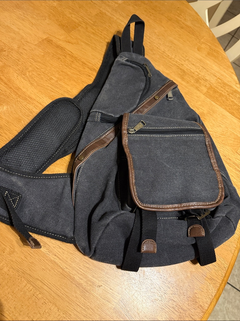 Men's Canvas Sling Belt Bag in Dark Gray with Brown Trim